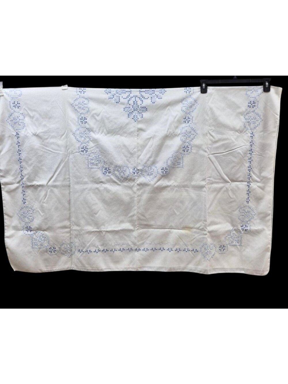Vintage Hand Embroidered White Tablecloth Blue Cross-Stitch Heart Floral Cotton - Picture 1 of 14